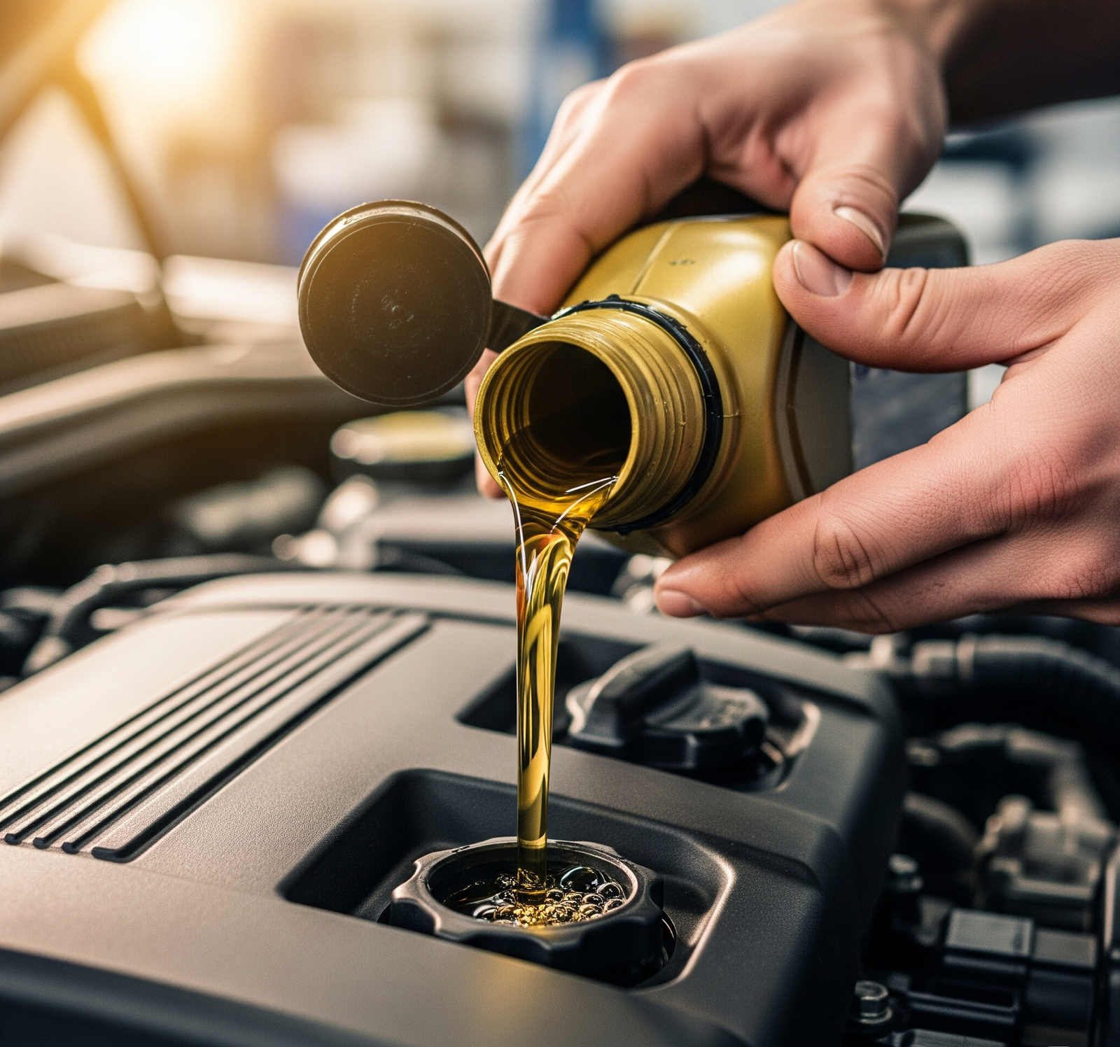 closeup of engine oil pouring